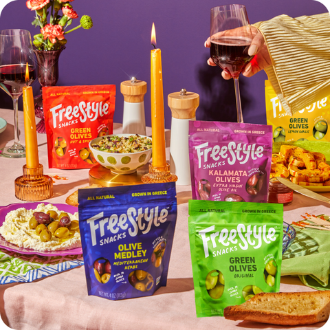 Freestyle Snacks Premium Greek Olives, Jumbo-sized and ready to snack! Enjoy our savory, salty variety pack.